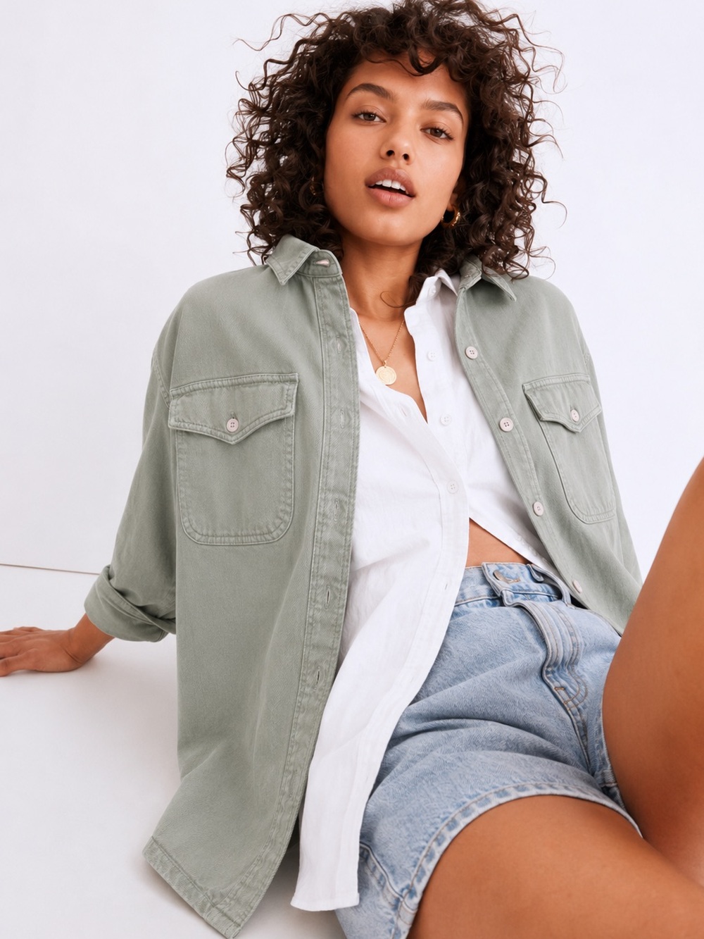 Madewell Ames Oversized Shirt Jacket | Sage Green Utility Shacket | M